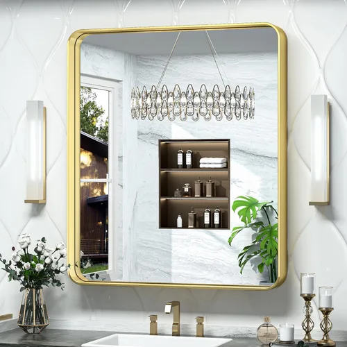Miniatura 40 de TokeShimi Espejo redondo dorado de 36 pulgadas, espejo redondo de baño para pared con aleación de aluminio antioxidante, marco de metal dorado Oro