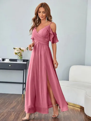 Miniatura 4 de RYANTH Women's Cold Shoulder Bridesmaid Dresses Long Summer Side Slit Chiffon Formal Evening Gown with Pockets RYZ95