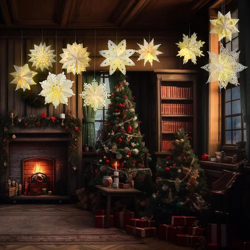 Miniatura 7 de Mudder 10 piezas de linterna de papel copo de nieve, linterna de papel estrella con 14 luces LED, lámpara de papel, decoración colgante de fiesta