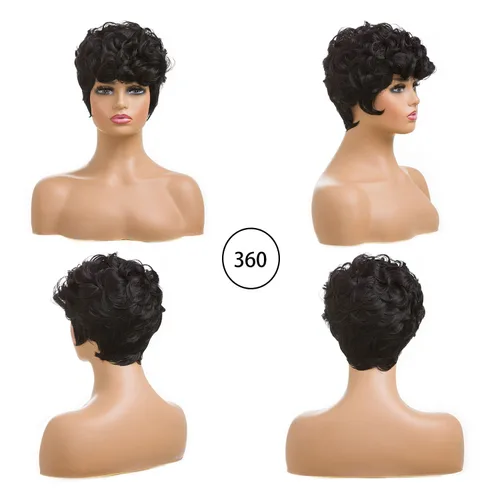 Miniatura 5 de Pelucas cortas de corte Pixie negro natural para mujeres negras, pelucas de cabello rizado de repuesto, peluca corta negra en capas con flequillo