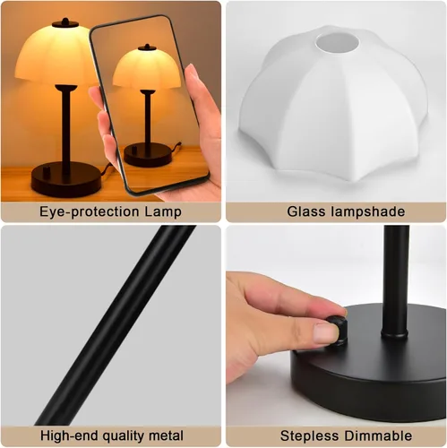 Miniatura 6 de Lámpara de mesa con pantalla de vidrio para dormitorio, lámparas de noche regulables continuas, lámpara de mesa pequeña con pantalla de vidrio