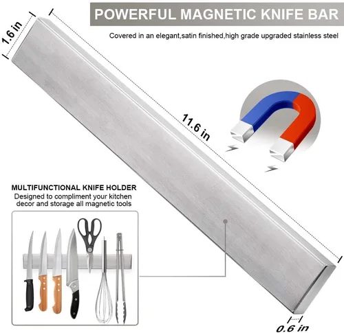 Miniatura 2 de Ninonly Tira magnética para cuchillos de 12 pulgadas, barra de cuchillos de cocina de acero inoxidable premium montada en pared, ahorro de espacio