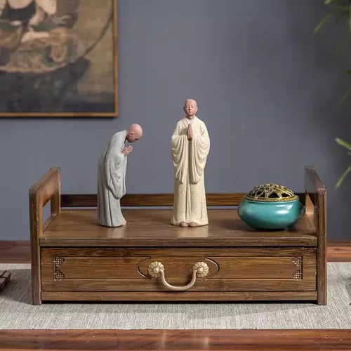 Mesa de meditación de altar con cajón de almacenamiento, mesa de altar espiritual de bambú, mesa budista relajante para oraciones, adivinación, Nogal