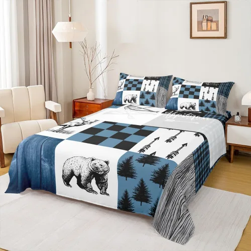 Miniatura 40 de Rustic Lodge - Juego de sábanas tamaño individual con diseño de oso y alce, diseño de retazos, color rojo y negro, a cuadros, ropa de cama de Multi