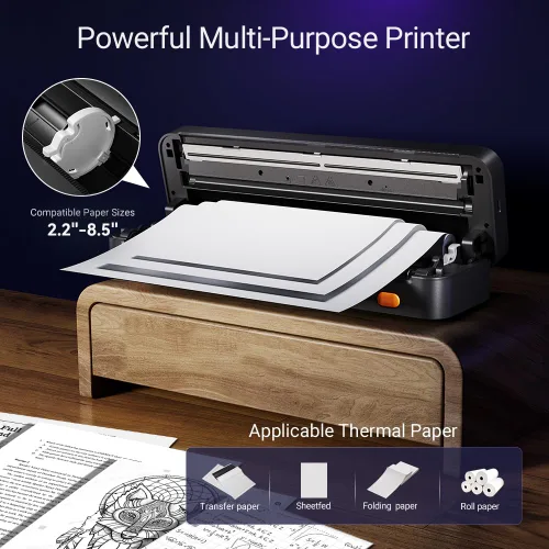 Miniatura 2 de Janolia Impresora inalámbrica de plantillas de tatuaje, máquina de impresora térmica portátil para papel de 2.24 a 8.5 pulgadas