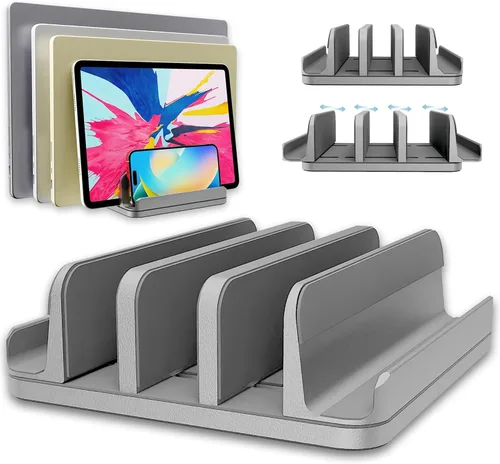Miniatura 8 de Soporte ajustable para laptop, 5 ranuras, ahorro de espacio de aluminio, para Apple MacBook/Surface/Galaxy/Tablet/iPad/iPhone, plateado