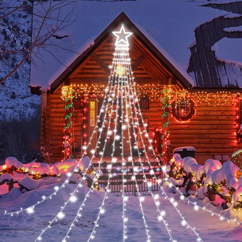 Miniatura 9 de Luces de Cadena de Estrella de Navidad, 320 Luces LED de Cascada para Árbol con Estrella Superior de 13", 8 Modos de Iluminación para Interiores