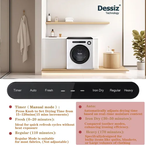 Miniatura 3 de Dessiz Secadora compacta de 11 libras de 950 W, secadora de ropa portátil para espacios pequeños, caravanas y apartamentos, silenciosa, resistente