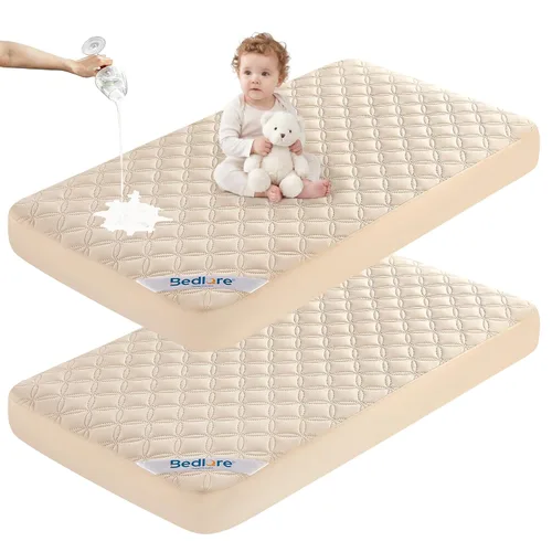 BEDLORE Protector de colchón impermeable para cuna, paquete de 2 protectores de colchón beige suave, sin ruido, lavable a máquina, máxima protección