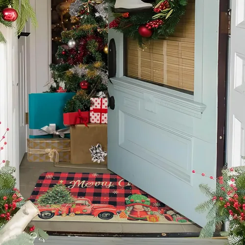 Miniatura 5 de Felpudo Rojo de Búfalo a Cuadros Feliz Navidad Felpudo Decorativo de Puerta de Navidad 30"x17", Felpudo de Gnomo de Navidad Temporada Felpudo