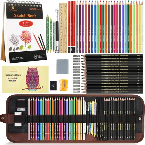 Kit de lápices de dibujo y dibujo de 52 piezas, 24 lápices de colores para libros de colorear, lápiz de grafito y carbón, cuaderno de bocetos de 3
