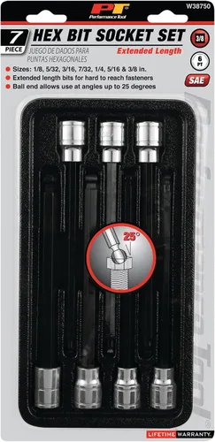 Miniatura 6 de Performance Tool W38750 - Juego de llaves hexagonales SAE de longitud extendida de 7 piezas, enchufes de acero al cromo vanadio con puntas S2