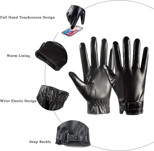Miniatura 3 de Long Keeper Guantes de cuero de invierno para hombre, color negro, cálido, ciclismo, conducción, motocicleta, pantalla táctil, guantes de mensajes