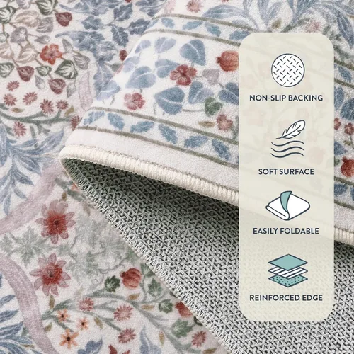 Miniatura 7 de Lahome Tapete floral lavable, suave, para entrada y cocina, 2 x 3 pies, antideslizante, bohemio, ultradelgado, fácil de limpiar, para interior, Azul