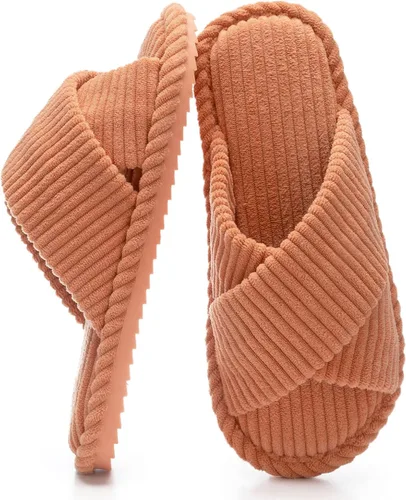 Miniatura 11 de GOEWY - Pantuflas para mujer con espuma viscoelástica para el hogar, con entretejido de pana, tiras cruzadas, con punta abierta, sandalias cómodas