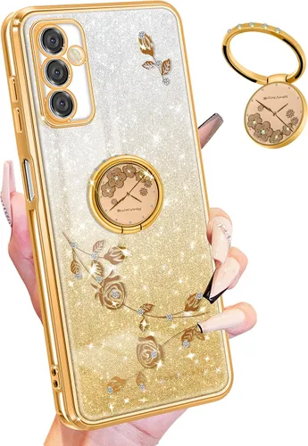 Miniatura 16 de Funda para Samsung Galaxy S22 Ultra con purpurina brillante para mujeres y niñas, cubierta de teléfono morada, diseño floral con anillo de flores