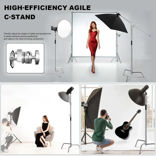 Miniatura 6 de SH Soporte C con brazo de pluma, soporte de luz resistente para fotografía, kit de soporte en C de acero inoxidable de 10.8 pies con bolsa de arena