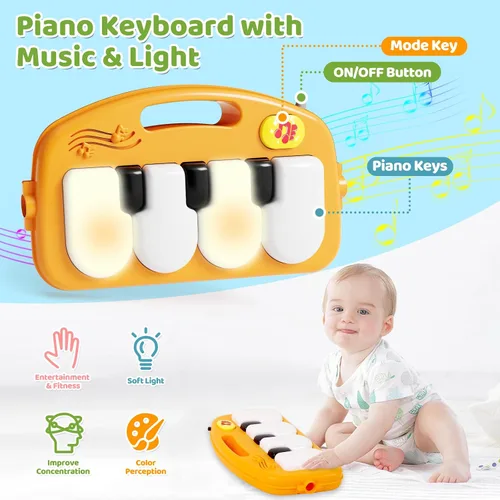 Miniatura 4 de Tapete de juego para gimnasio para bebés con andador, centro de actividades de piano 2 en 1 con luz y música, tapete para el tiempo boca abajo