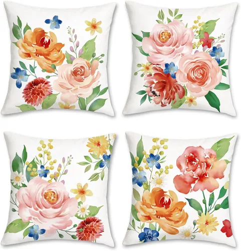 Bonhause Juego de 4 fundas de almohada de flores de peonía de 18 x 18 pulgadas, juego de 4 fundas de almohada decorativas de terciopelo para