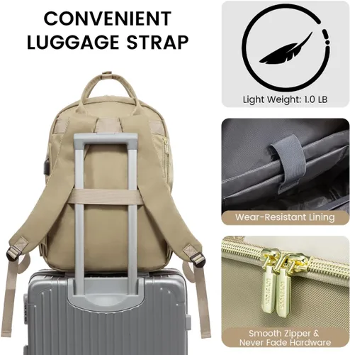 Miniatura 9 de LOVEVOOK Mochila para laptop para mujer, mochila de trabajo de moda con puerto USB, mochilas impermeables para el trabajo., Caqui-beige, 15,6 pulg.