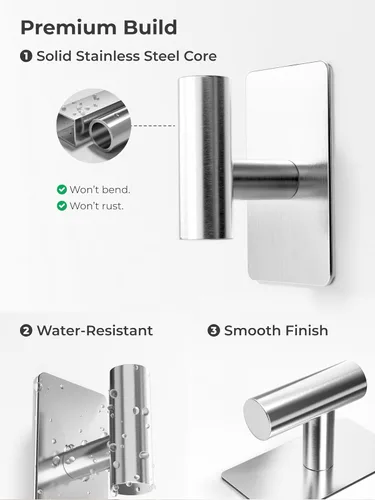 Miniatura 4 de GWAAZXGZ Ganchos para toallas para baños, paquete de 4, acabado plateado cepillado, ganchos de pared adhesivos de acero inoxidable en forma de T