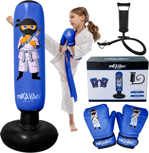 Saco de boxeo para niños – 5 pies 3 pulgadas de alto y estable – Kit combinado de saco de boxeo inflable Ninja Kids con guantes de boxeo para niños,