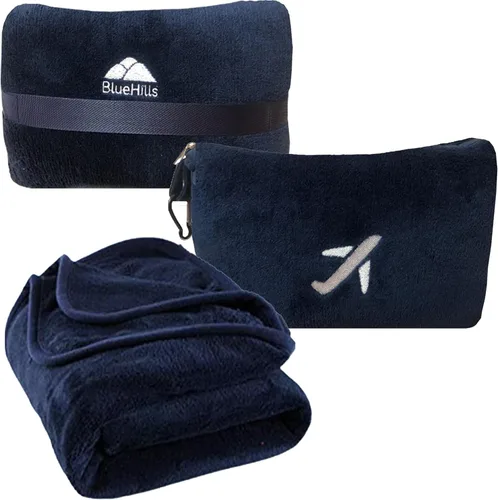 Miniatura 9 de BlueHills Paquete de 2 Mini Mantas de Viaje de Felpa Suave Premium, Almohada, Esenciales de Avión para Dos en Bolsa, Viaje en Vuelo, Mantas de Avión