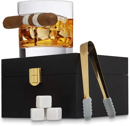 Godinger Juego de Caja de Regalo de Madera de Vaso de Whisky para Cigarro con Vaso Old Fashioned, Piedras Enfriadoras de Whisky y Pinzas Juego de Bar