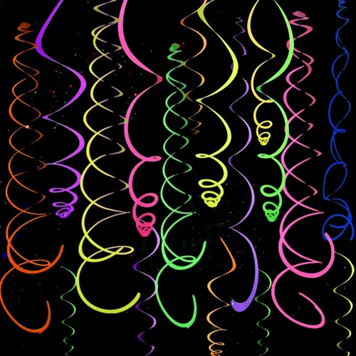 Miniatura 10 de 54 piezas de guirnaldas de papel en espiral colgantes UV con estrellas de neón, serpentinas brillantes, suministros y decoraciones de fiesta UV