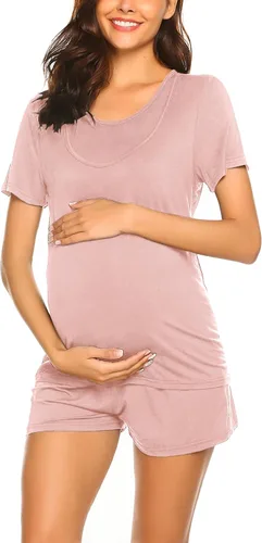 Miniatura 4 de Ekouaer - Conjunto de pijama de maternidad para el hospital o el hogar, con camiseta para lactancia y pantalón corto ajustable para el embarazo