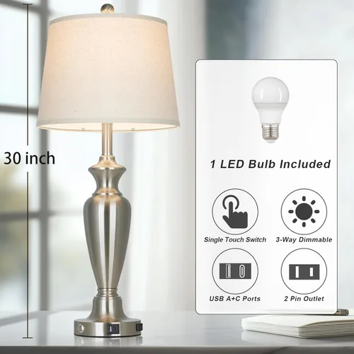 Miniatura 2 de Cinyirong Lámpara de mesa plateada de 30 pulgadas de alto para sala de estar, lámpara de noche regulable de 3 vías con control táctil para mesita