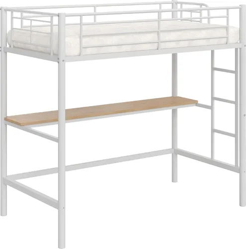 Miniatura 7 de VECELO Cama alta tamaño individual con escritorio, base de cama de metal con escalera extraíble y barandilla de seguridad, no necesita somier
