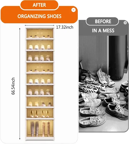 Miniatura 4 de Organizador plegable para zapatos para armario, 9 niveles, 18 pares, apilable, estante de zapatos plegable con puertas, organizador de zapatos
