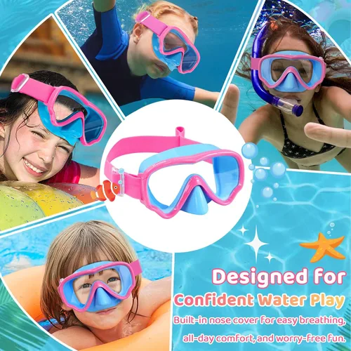Miniatura 8 de Vvinca Máscara de natación para niños con cubierta nasal, máscara de buceo con correa de tela antiniebla y lente anti-roturas para niños de 3 a 15