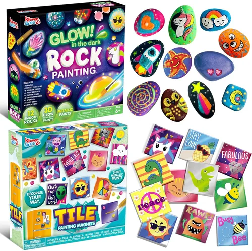 JOYIN Kit de 12 pinturas de roca y 24 mini azulejos magnéticos, arte y manualidades para niños, suministros de arte con varias pinturas, kits de