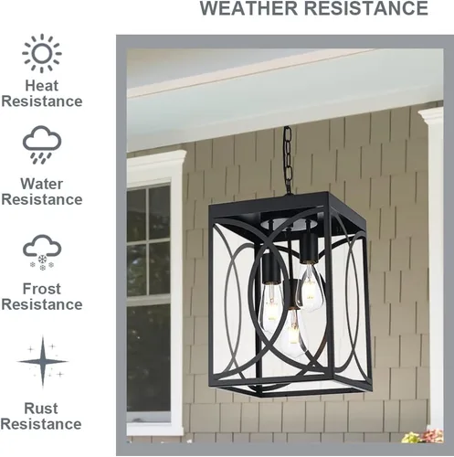 Miniatura 2 de Lámpara colgante para exteriores, 3 luces negras grandes con vidrio transparente, lámpara de metal para exteriores, iluminación de porche para Negro