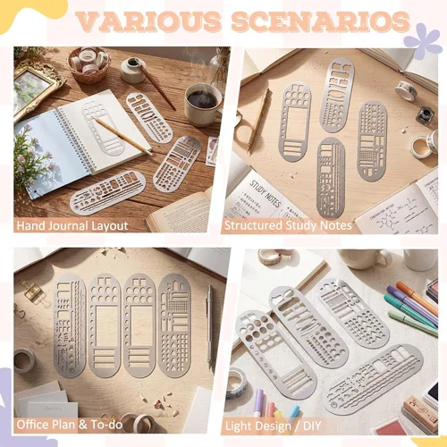 Miniatura 6 de Chinco 4 Pieces Stencils Metal Journal Template 7.9 x 2.4 Inches Bookmark Ruler School Supplies Stainless Steel Stencils Set for DIY, Engraving