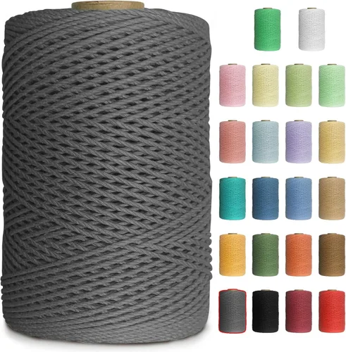 Miniatura 20 de Cuerda de macramé de colores de 0.039 in, cuerda de algodón de 656 pies, 3 hebras trenzadas, cuerda de algodón colorido para manualidades, Amarillo