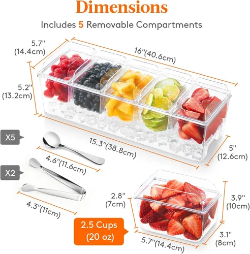 Miniatura 2 de Lifewit Organizador de condimentos enfriado con hielo con 5 recipientes de 20 oz (2.5 tazas), servidor de condimentos para fiesta con tapas
