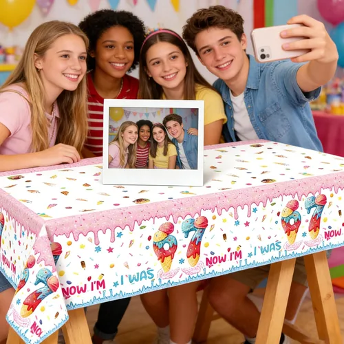 Miniatura 3 de Qpout Paquete de 3 decoraciones de fiesta de cumpleaños con diseño de helado "I was 6 Now I'm 7", mantel de plástico desechable de cumpleaños 6-7