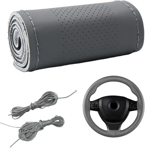 Miniatura 8 de Dickno Funda para volante de automóvil, protector de volante antideslizante con costura envolvente para diámetro máximo de 15 pulgadas, costura DIY