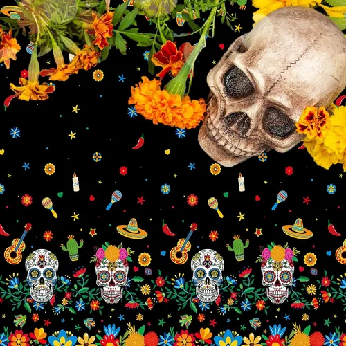 Miniatura 7 de Irenare Mantel de plástico con diseño de Día de los Muertos, diseño de calavera de azúcar, desechable, rectangular, para Halloween, cumpleaños Negro