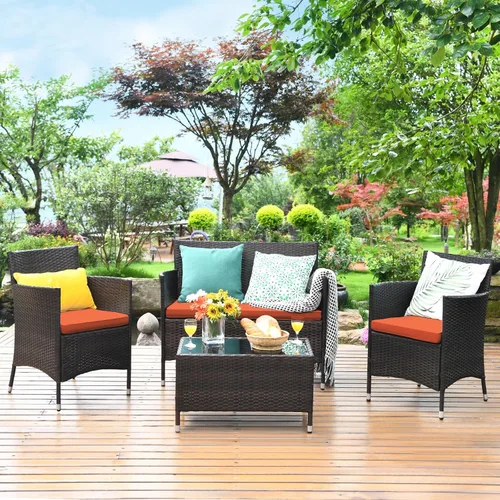Miniatura 15 de Juego de sofá de patio de 4 piezas, juego de conversación de mimbre con respaldo ergonómico curvo, juego de muebles de ratán para patio con cojín