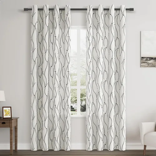 Miniatura 30 de Joywell Cortinas jacquard con ojales para sala de estar, 108 pulgadas de largo, línea ondulada negra con patrón de puntos, cortinas bordadas