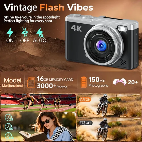 Miniatura 8 de MaxMango Cámara digital, cámara de vlogging de 64 MP y 2.4 pulgadas para principiantes, pantalla abatible de 180°, apunta y dispara, cámaras