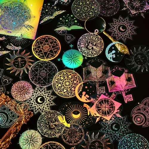 Miniatura 3 de Aromoty Celestial - Juego de 180 calcomanías holográficas de lámina dorada con 4 temas, resina, transparente, impermeable, fantasía, vintage, Mundo