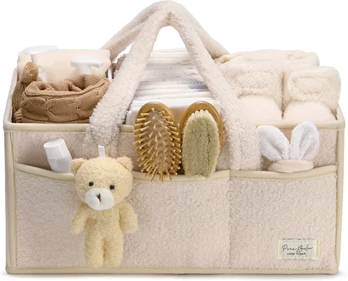 Miniatura 14 de PeraBella Organizador de pañales para bebé con asa, cesta de regalo de ducha para niños y niñas, cesta de almacenamiento de pañales portátil