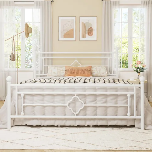 Allewie Base de cama de plataforma de metal tamaño King con cabecero y pie de cama vintage victoriano/base de colchón/almacenamiento debajo de la