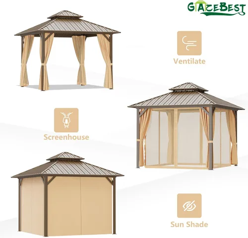 Miniatura 6 de Glorieta de Techo Duro de 10'x10' para Exteriores, Glorieta de Patio de Aluminio con Doble Techo, Toldo de Acero Galvanizado con Malla y Cortinas
