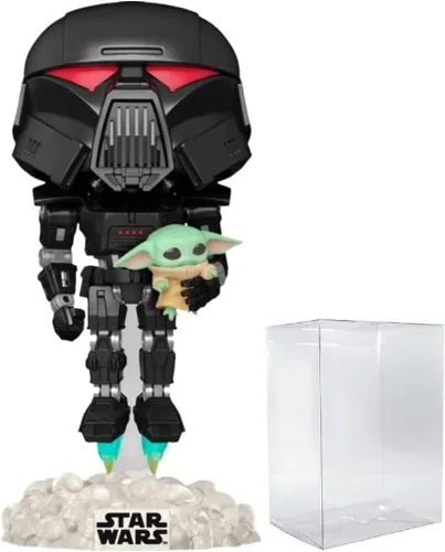 POP Star Wars: The Mandalorian - Dark Trooper Holding Grogu [The Child] Figura de vinilo exclusiva de Funko que brilla en la oscuridad (paquete con